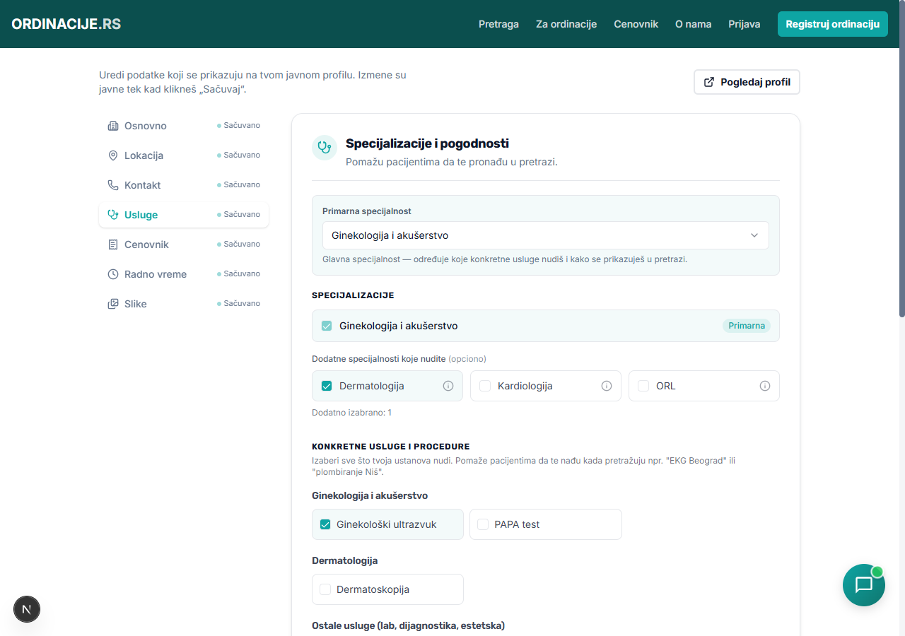 Uredi profil — sekcija Cenovnik: dodavanje dokumenta