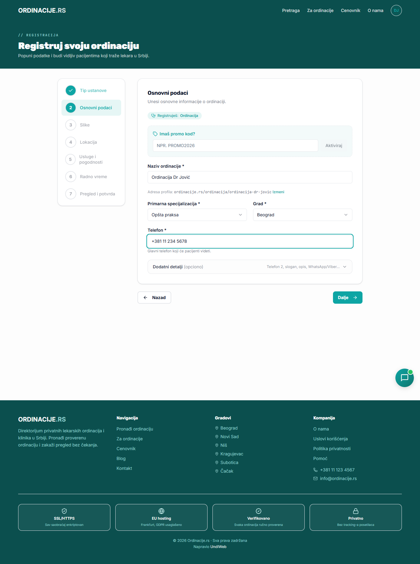 Registracija — 2. Osnovni podaci