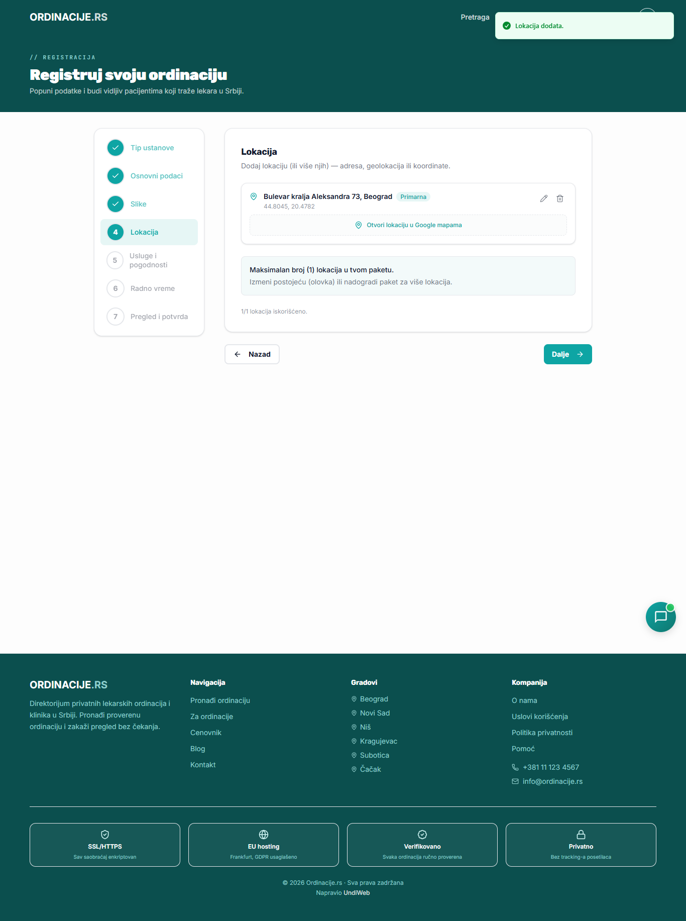 Registracija — 4. Lokacija